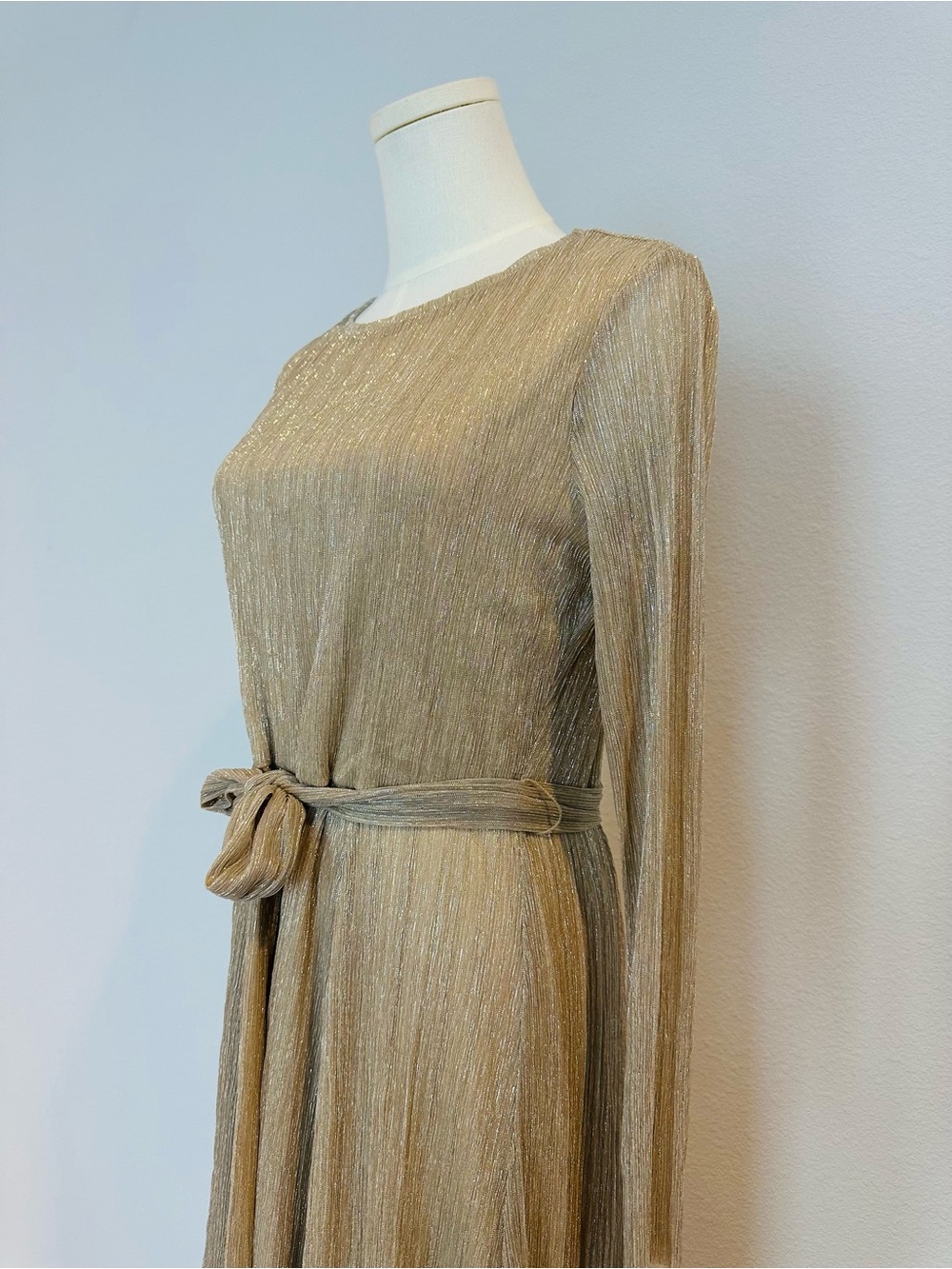 Anne Klein Long-Sleeve Metallic Gold Pleated Maxi with Tie - Picture 2 of 7